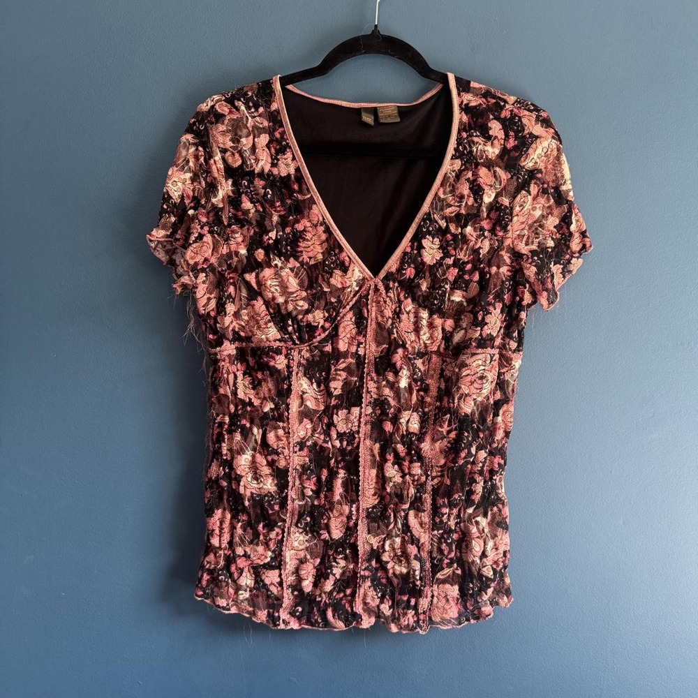 Y2K Lace V Neck Women's Size XL Serenade Pink Black Floral Stretch 2000s Femme